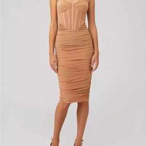 Bardot Tan Ruched Midi Corset Dress Sweetheart Neckline